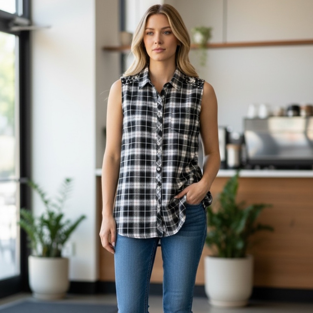 NWOT Dress Barn 100% Cotton Plaid Studded Shoulder Sleeveless Button Up Size M